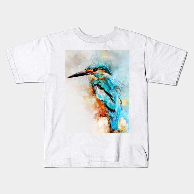 Dramabite Watercolor kingfisher bird artsy artistic painting wildlife Kids T-Shirt by dramabite